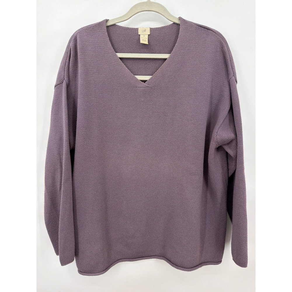 Vintage J. Jill Purple Cotton V-Neck Boxy Knit Sweater Size M Cozy Cabincore